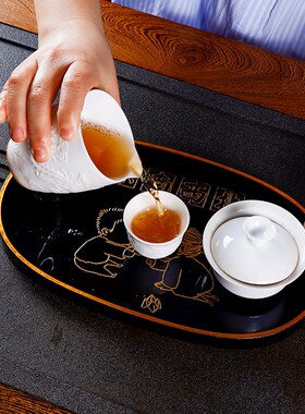 茶店茶点家用漆器茶托盘椭圆形餐盘E茶道家用茶具大漆托盘大号木
