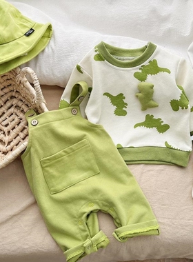 婴儿衣服春秋季背带裤哈衣宝卡套头休闲卫套29衣两通件套宝绿恐龙