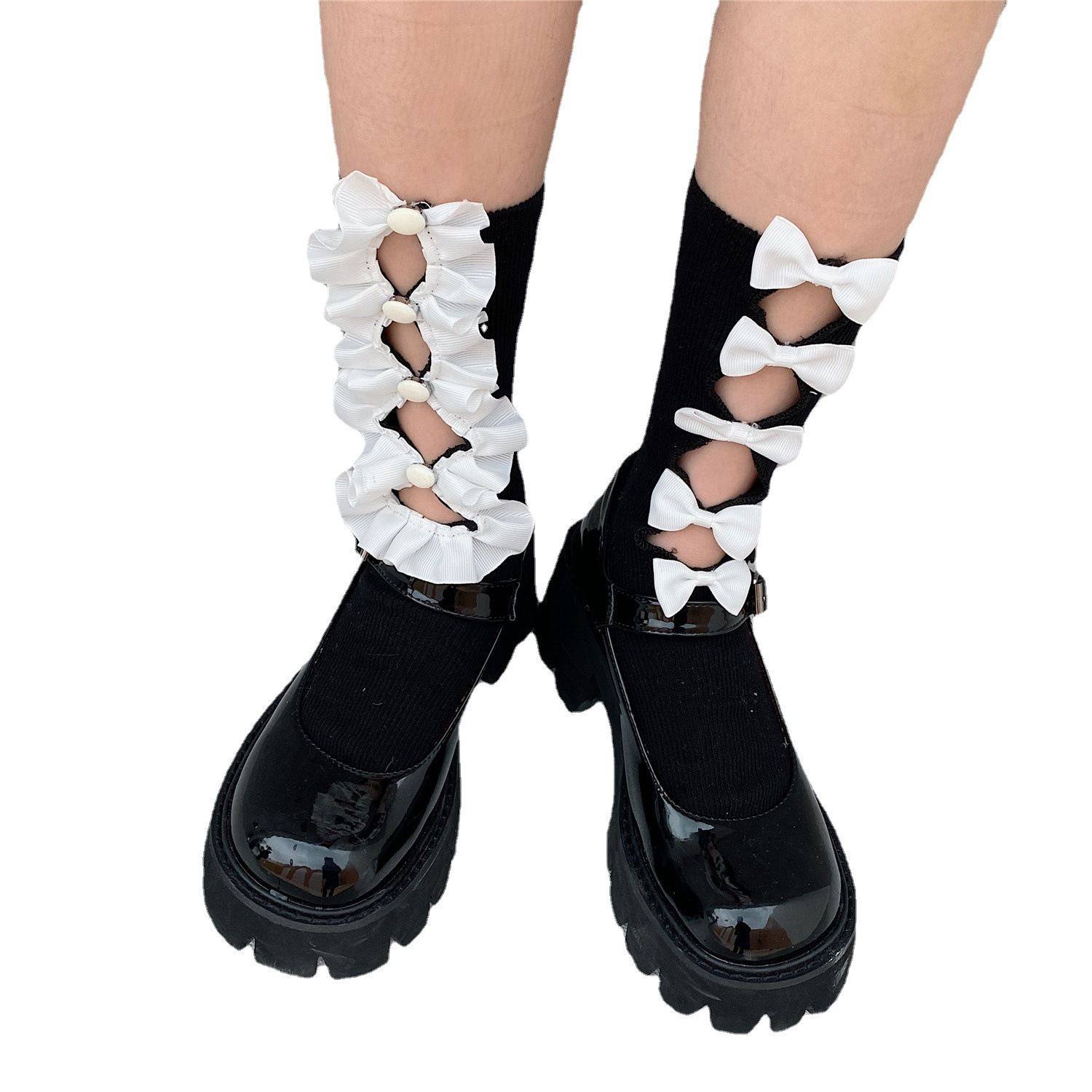 PATTKIN 设计师小众手工日系蝴蝶结镂空不对称花边中筒棉女袜,淘宝优惠券,粉丝福利购,淘宝优惠卷