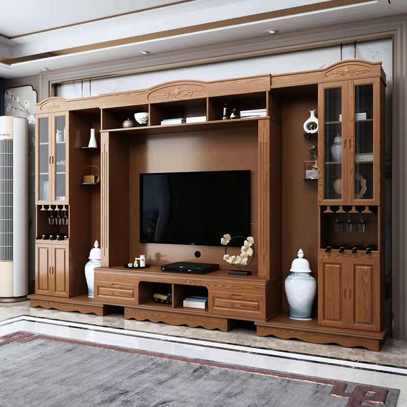 中式实木电视背景柜组合墙柜多功能客厅整体墙酒柜一体书柜音响柜 - 图2