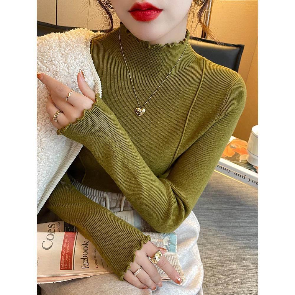 纯色打底衫女内搭时髦洋气2025秋冬新款木耳边半高领毛衣针织上衣,淘宝优惠券,粉丝福利购,淘宝优惠卷