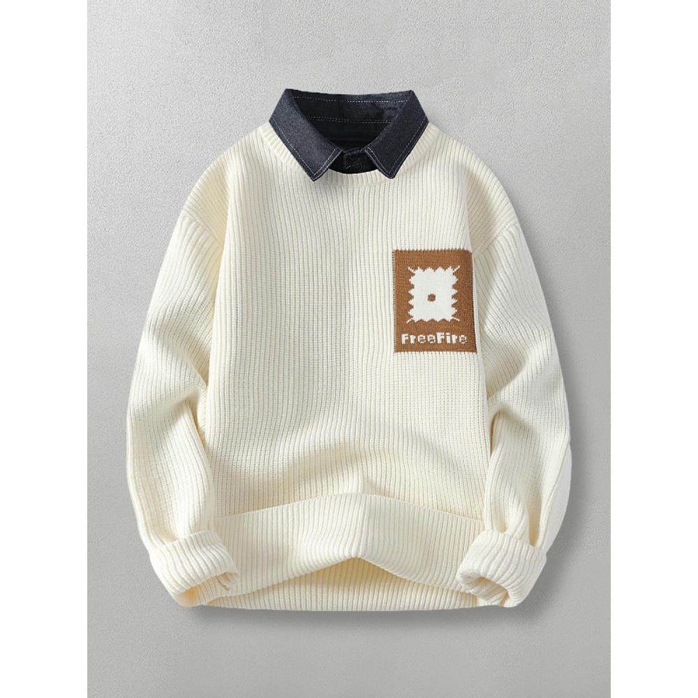 假两件设计！舒适高级感！高级感印花休闲衬衫领打底针织男毛衣,淘宝优惠券,粉丝福利购,淘宝优惠卷