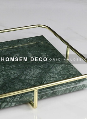 北欧天然a大理石金属把手置物盘样板房软装饰品收纳盘家居桌面托