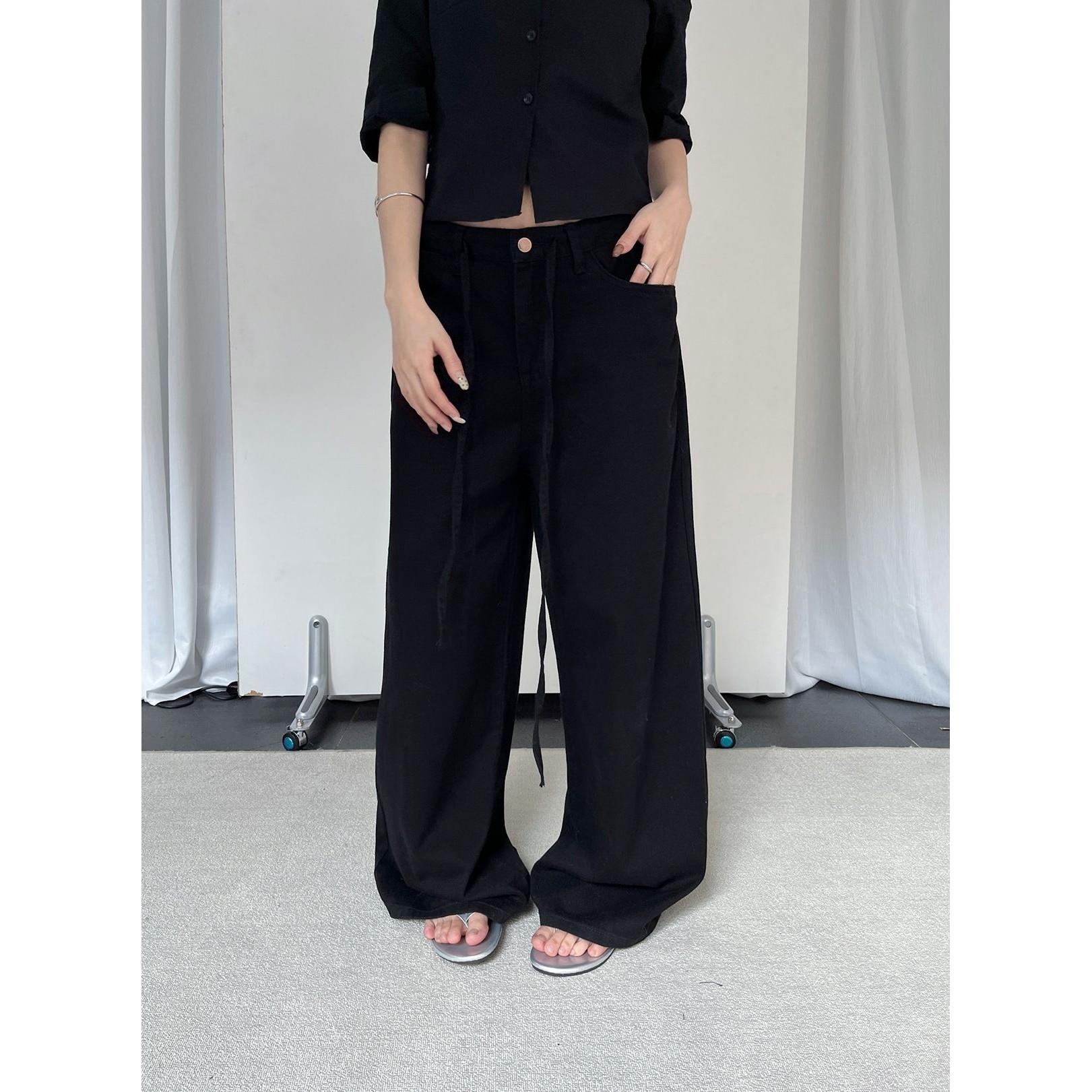 誉一新款2024春季慵懒风抽绳裤子女宽松百搭阔腿牛仔裤女6033,淘宝优惠券,粉丝福利购,淘宝优惠卷