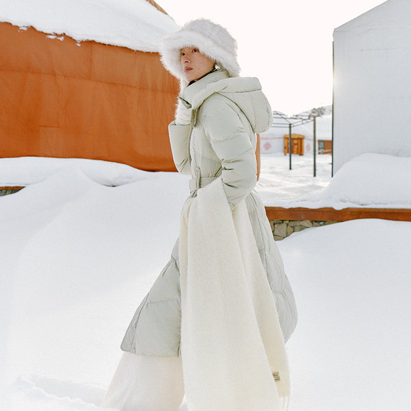 艾莱依冬季新款简约细带连帽长款羽绒服女气质修身加厚收腰外套,淘宝优惠券,粉丝福利购,淘宝优惠卷