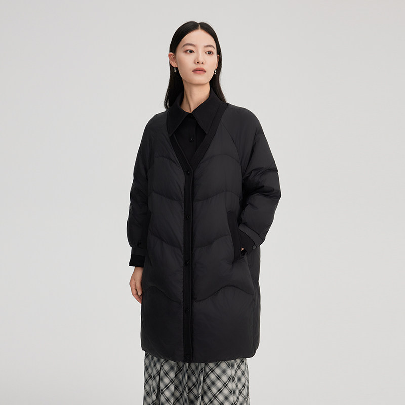 艾莱依新款羽绒服女设计感假两件拼接简约百搭长款大衣外套保暖,淘宝优惠券,粉丝福利购,淘宝优惠卷