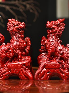 黑檀木雕麒麟摆件实木瑞兽一对家居客厅电视柜办公装饰红木工艺品