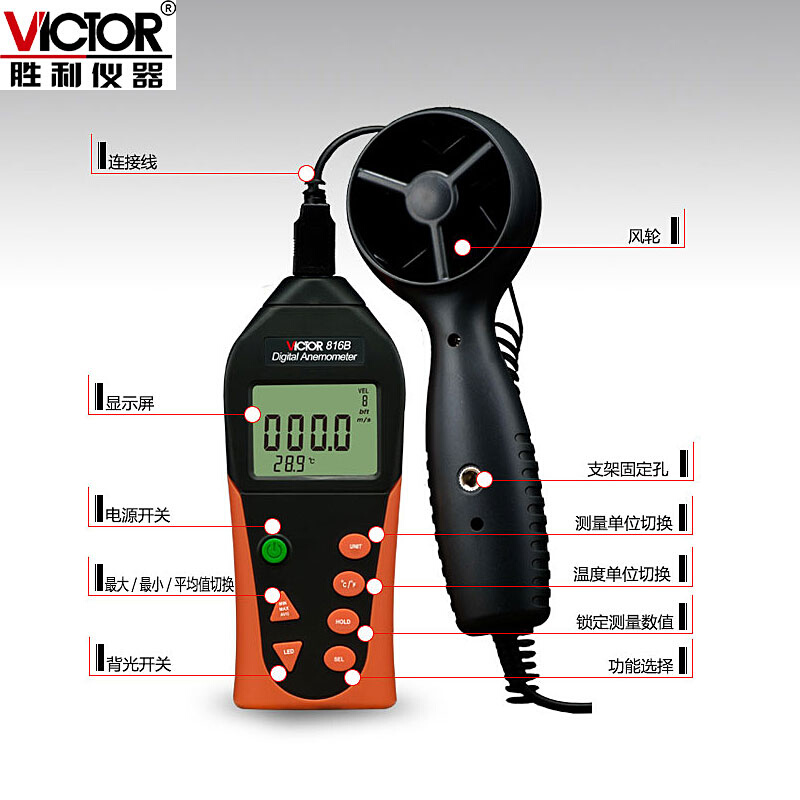 VICTOR胜利数字风速仪VC816B数显分体式风速计风速风温测试测量表 - 图0