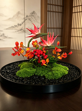 仿真花艺永生苔藓餐桌装饰摆件天堂鸟中式酒店包间桌面创意装饰品