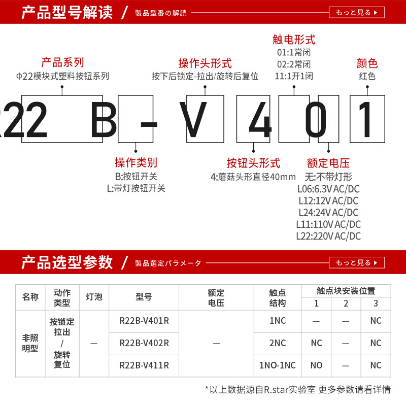 R.STAR急停按钮开关红色蘑菇头22mm R22L自锁定紧急停止常开常闭 - 图2