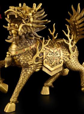 铜麒麟摆件一对公母黄铜火麒麟财客厅办公室纯家用聚宝盆麒麟大号