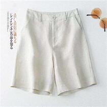 Cottton and linen straight shorts retro solid color high
