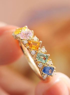 日系彩虹系列斑斓戒指女款镀金镶嵌彩色防宝石女复古轻奢气质