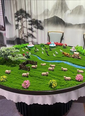 酒店餐桌中间摆件生态牧场盆景家居餐厅草原圆桌装饰沙盘山羊摆设