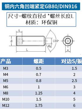 黄铜内六角凹端紧定螺钉铜无头螺丝机米螺丝顶丝m3m4m5m6m8m10 8L