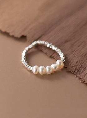 S925纯银天然淡水珍珠简约时尚戒指碎银几两碎银子手工弹力绳