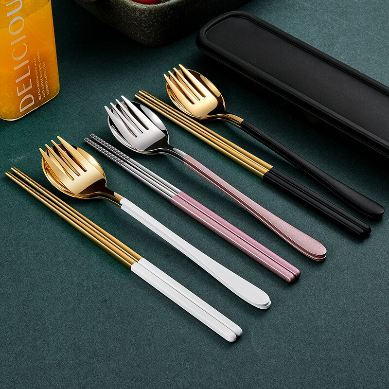 304不锈钢筷子勺子便携式餐具学生三件单人套装叉子收纳盒一人食 - 图0