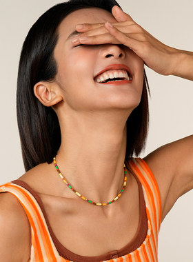 桑蕾棕格子细管珠项链女时尚原创设计潮流2025年新款