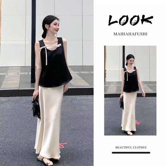 2025夏日穿搭一整套气质高级感无袖上衣女法式高腰半身裙两件套装