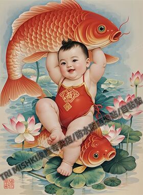 莲莲有鱼福娃锦鲤招财纳福贴纸客厅卧室墙面装饰贴纸衣柜床头贴
