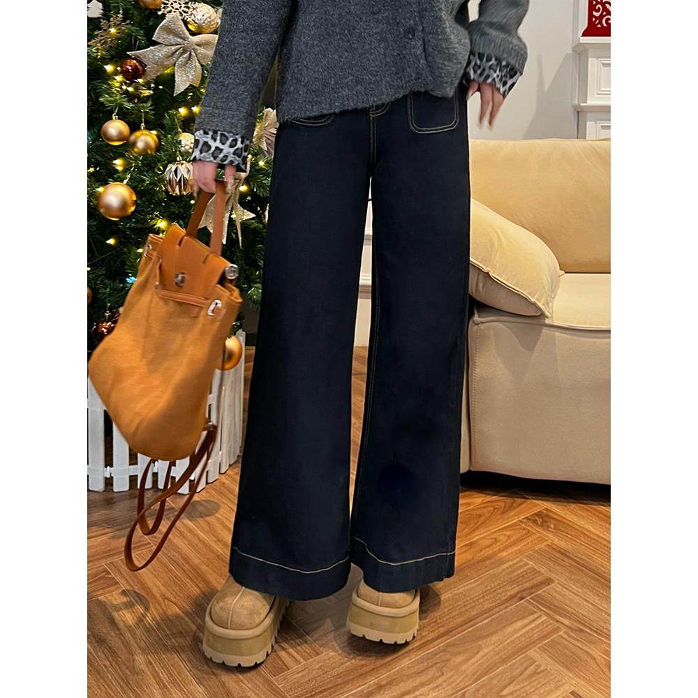 深蓝色牛仔裤女秋冬加绒大码胖mm梨形身材宽松高腰显瘦直筒阔腿裤,淘宝优惠券,粉丝福利购,淘宝优惠卷
