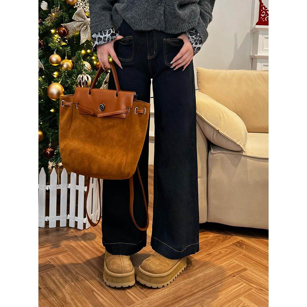 深蓝色牛仔裤女秋冬加绒大码胖mm梨形身材宽松高腰显瘦直筒阔腿裤,淘宝优惠券,粉丝福利购,淘宝优惠卷