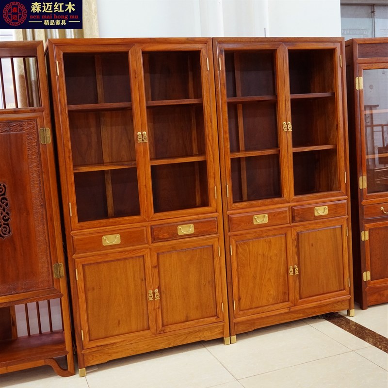 缅甸花梨书柜实木书柜加s厚独板大果紫檀书柜博古架书架红木储物 - 图3