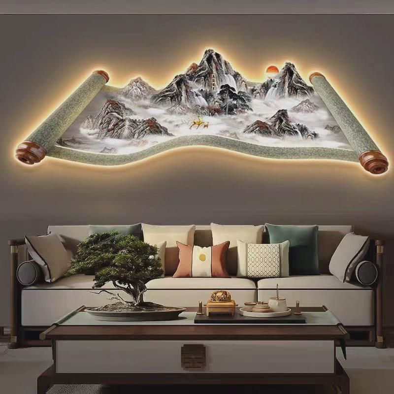 新中式客厅装饰画山水卷轴led灯D画沙发背景墙挂画办公室茶室壁画,淘宝优惠券,粉丝福利购,淘宝优惠卷
