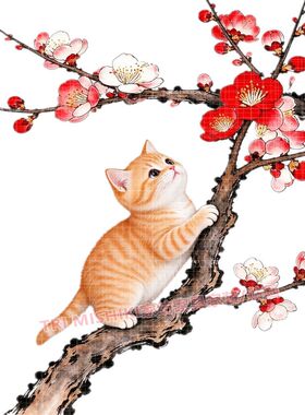 梅花枝头的橘猫贴纸鲜花小鸟自粘