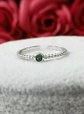 S925纯银圆形规矩经典金豆豆祖母绿开口戒指女潮简约厂家直供