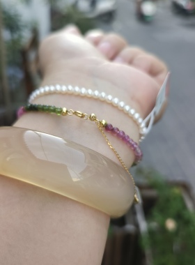 天然碧玺淡水珍珠手链3.5mm糖果多巴胺手串彩色小众叠戴爆款手链