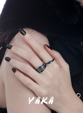 YAKA小众不规则墨绿滴釉戒指女