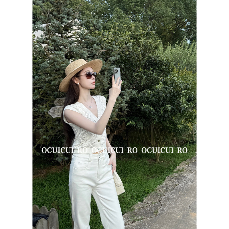 CUICUI崔崔【华清引】白色V领钩花镂空针织马甲背心阔腿长裤套装,淘宝优惠券,粉丝福利购,淘宝优惠卷