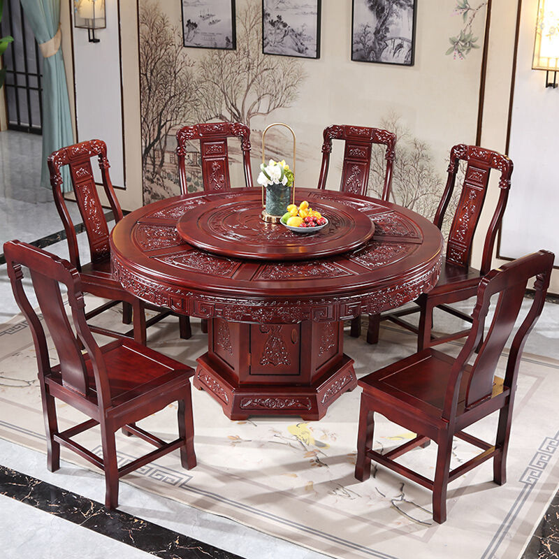全实木花梨木餐桌椅组合仿古雕花家用红木餐桌中式带转盘大圆桌