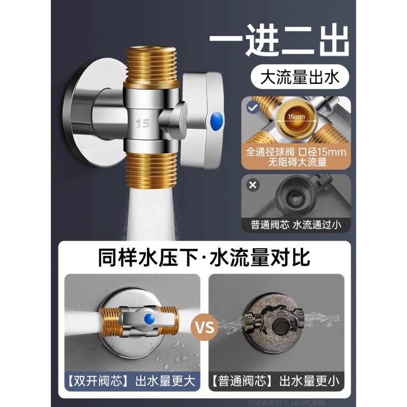 全铜大流量三角阀冷热双头出水球芯三通角阀一进二出一分二开关阀