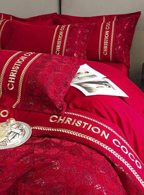 加厚100支婚庆全棉四件套被套纯棉床单磨毛100长绒棉保暖秋冬床品