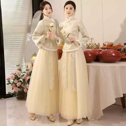 Утепленное платье подружки невесты, удерживающий тепло лонгслив, китайский стиль, для подружки невесты, изысканный стиль