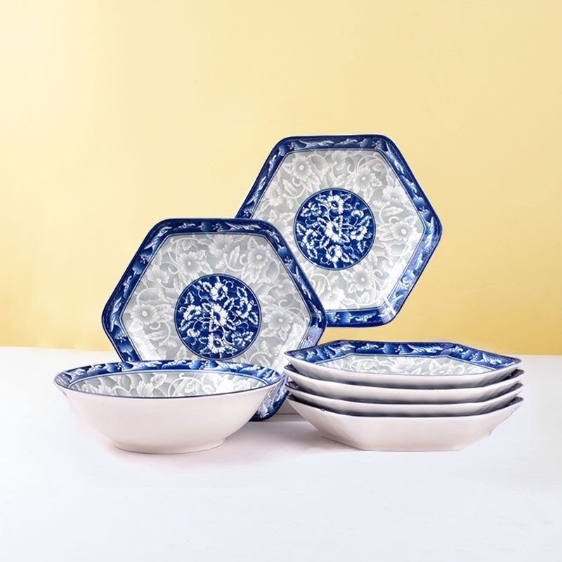 青花瓷六角拼盘套装组合拼盘可加选8英寸汤碗复古陶瓷盘餐具中式