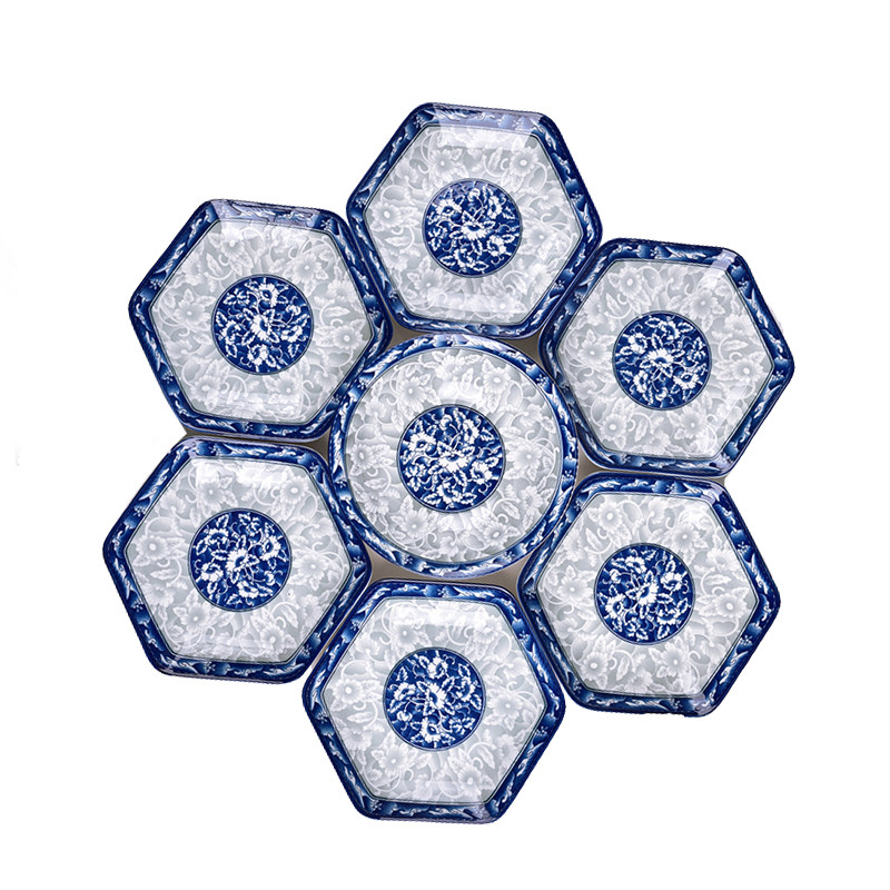 青花瓷六角拼盘套装组合拼盘可加选8英寸汤碗复古陶瓷盘餐具中式