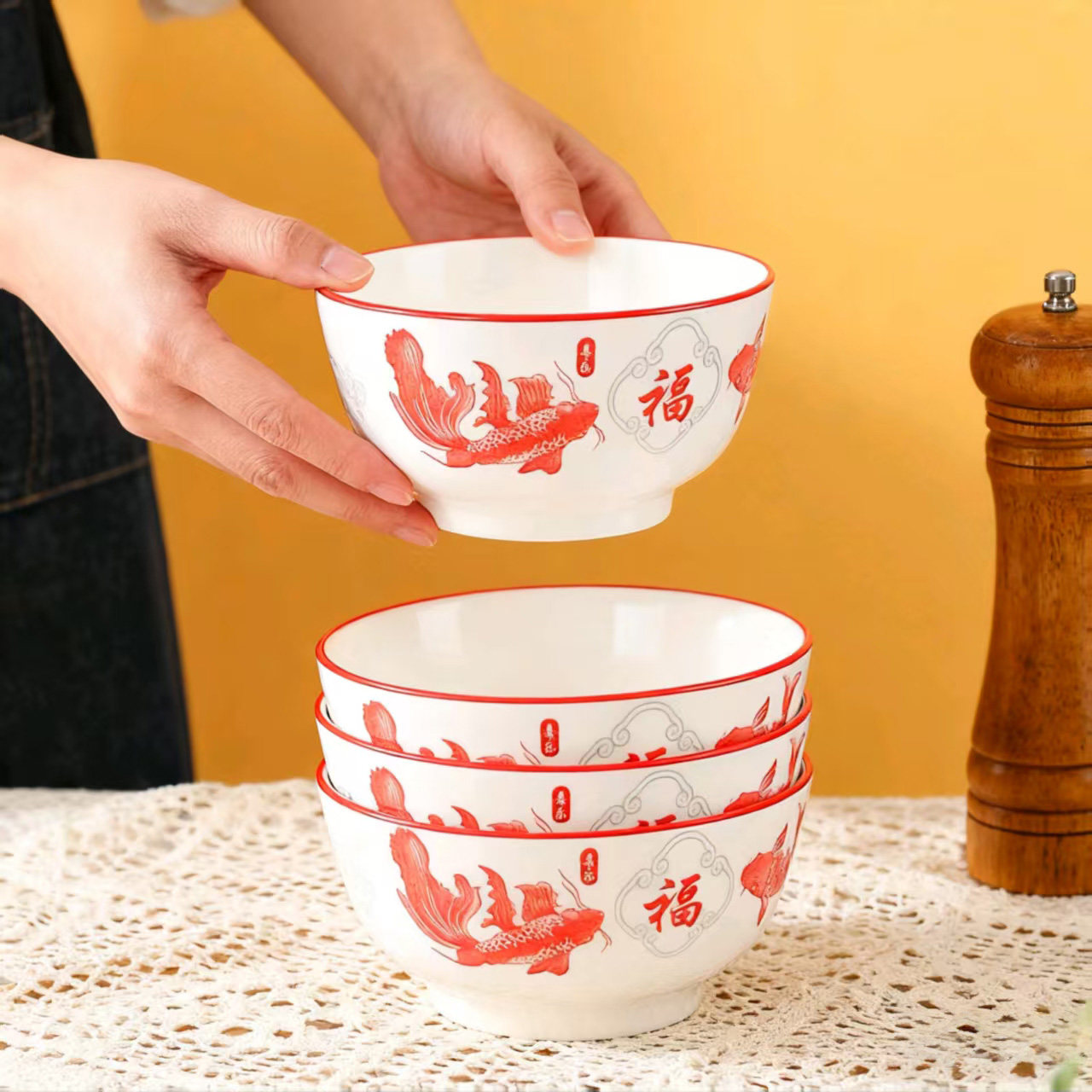 10个装陶瓷碗家用吃饭碗5英寸米饭碗釉下彩餐具2025新款瓷碗