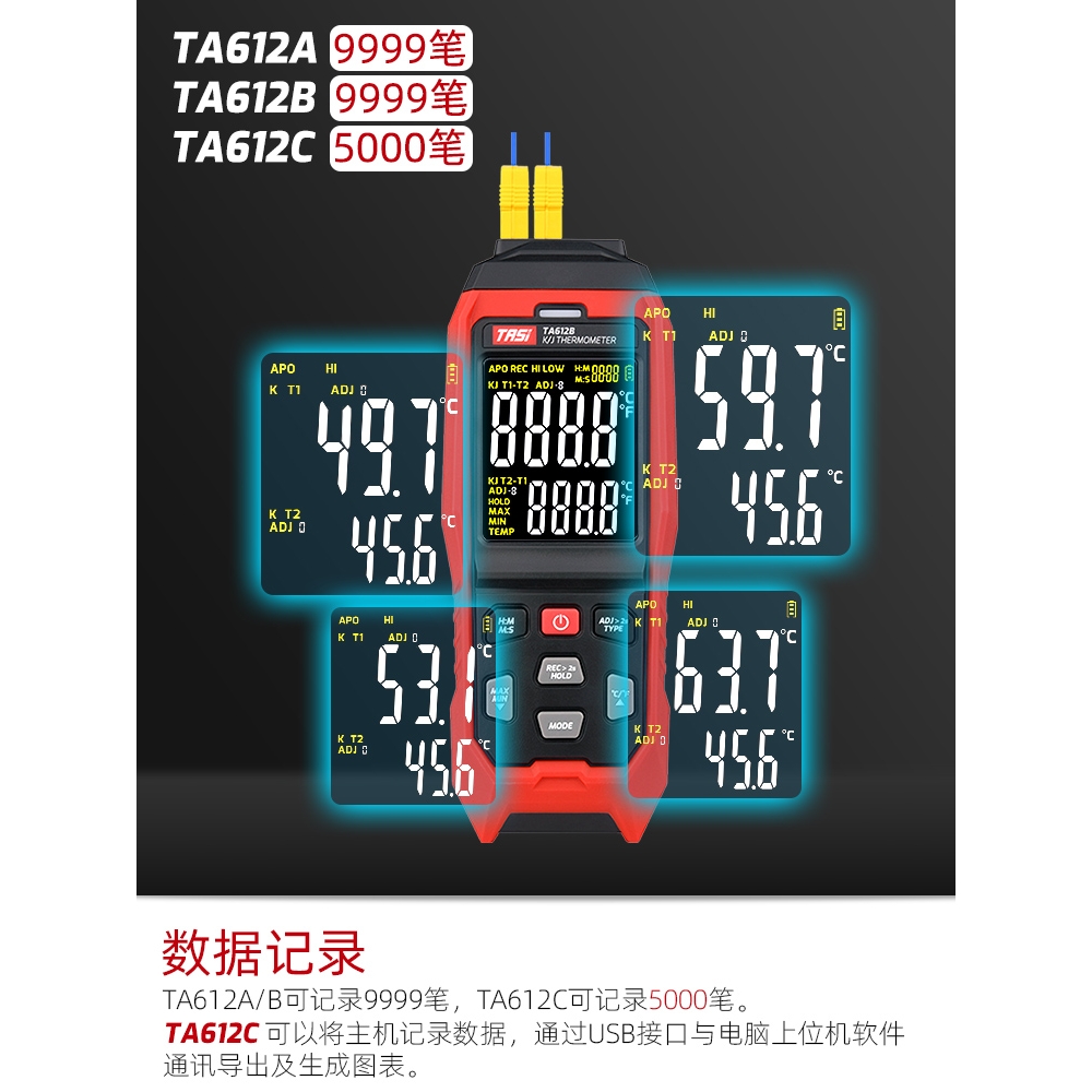 特安斯K型J型热电偶测温仪工业高精度接触式模具表面温度计TA612C - 图1