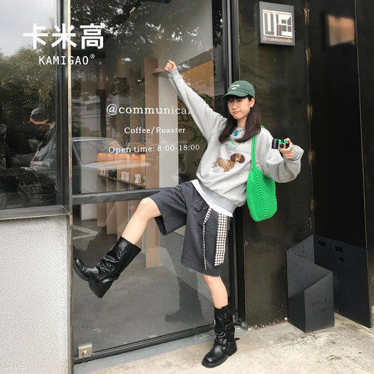 8cm内增高骑士长筒靴女2025新款秋冬厚底皮带扣小个子高筒机车靴