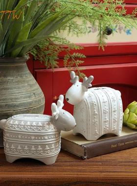 可爱卡通猫咪彩色陶瓷动物玩偶摆放手工绵羊桌面装饰储钱罐礼物