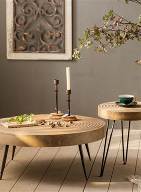 侘寂风客厅沙发实木茶几民宿复古做旧网红小圆桌小户W型家居边角