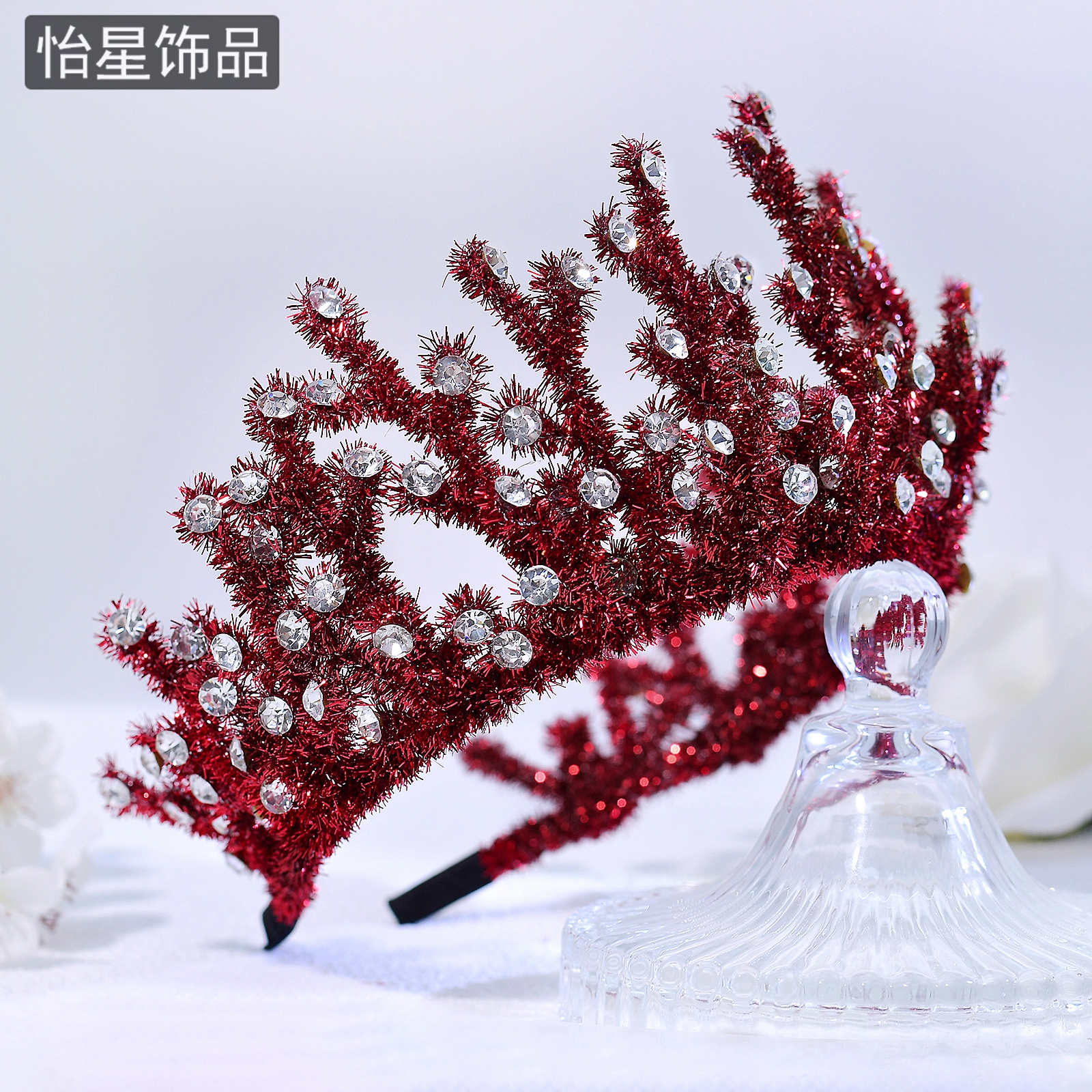 怡星高级感欧美新娘婚纱发箍红色发饰银色镶嵌水钻皇冠配饰A387 - 图0