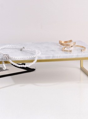 新中式金属托盘长方形大理石摆A件样板房软装饰品酒店会所收纳摆