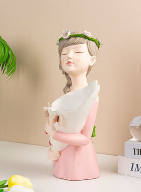 北欧创意女孩插花装饰品花树脂工艺品摆件家居客厅桌面轻奢花盆