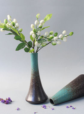 禅意窑变孔雀绿陶瓷花复古中式插花干花器陶瓷摆件家居装饰花