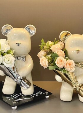 创意网红暴力熊熊捧花熊酒柜玄关卧室电视柜陶瓷摆件家居潮玩客厅