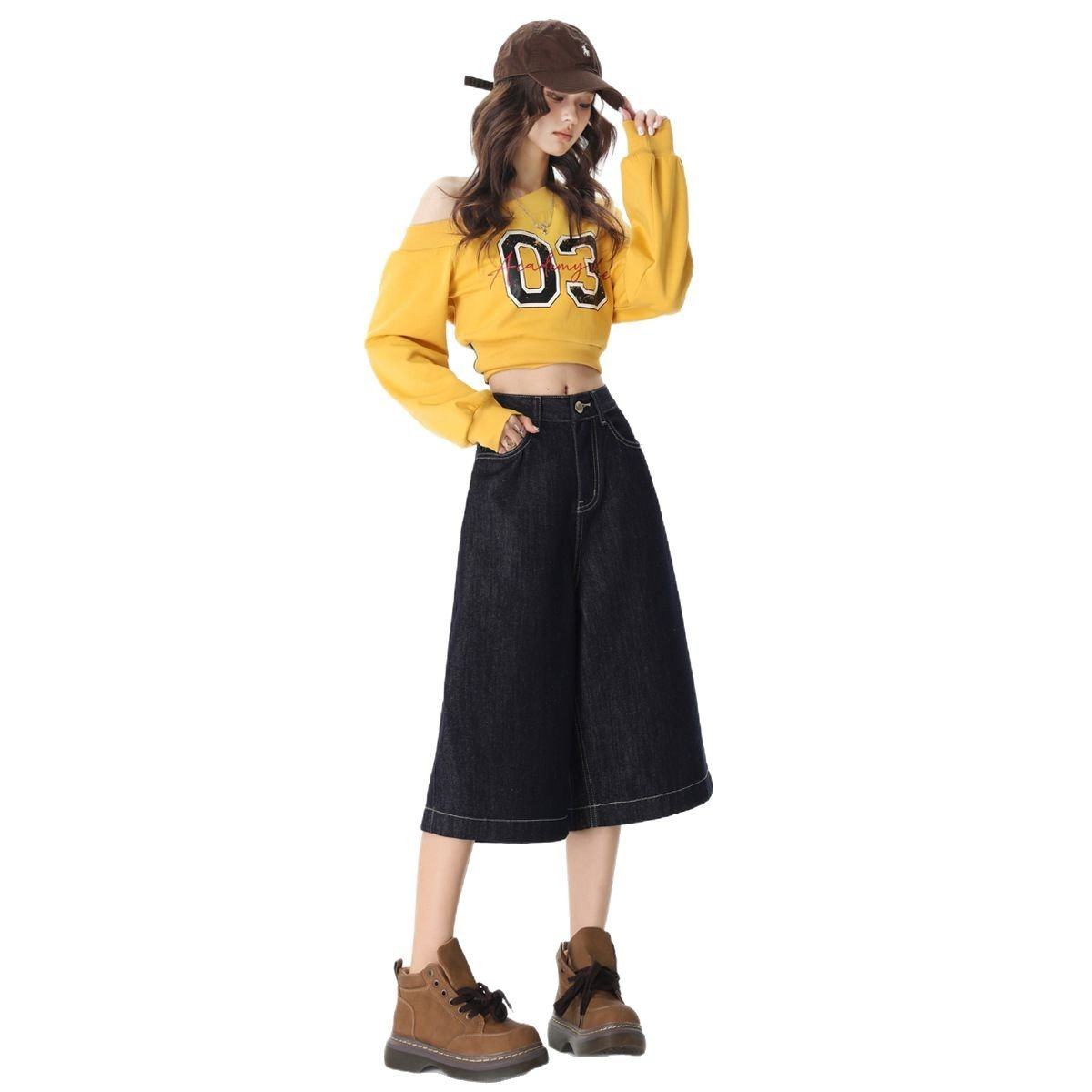 美式复古七分阔腿牛仔裤女2025春夏美式复古高腰显瘦宽松阔腿裤子,淘宝优惠券,粉丝福利购,淘宝优惠卷